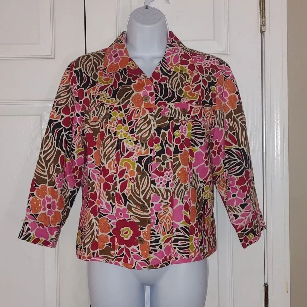 PATRICK CHRISTOPHER 100% Linen Floral Blazer Jacket Button Up 3/4 Sleeve